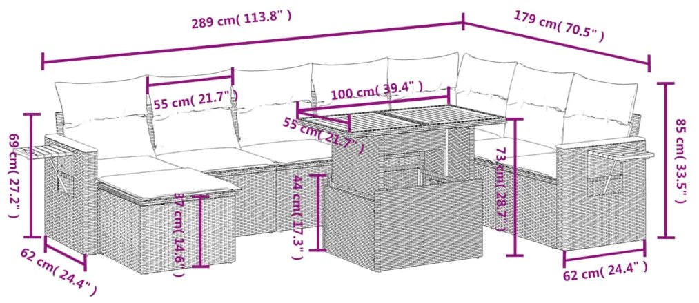 Set divano da giardino 8 pz con cuscini grigio in polyrattan