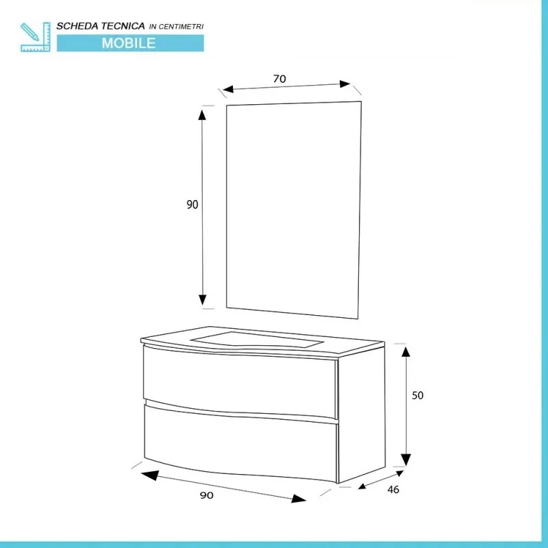 Mobile bagno sospeso curvo 90 verde con lavabo e specchio cm Minori