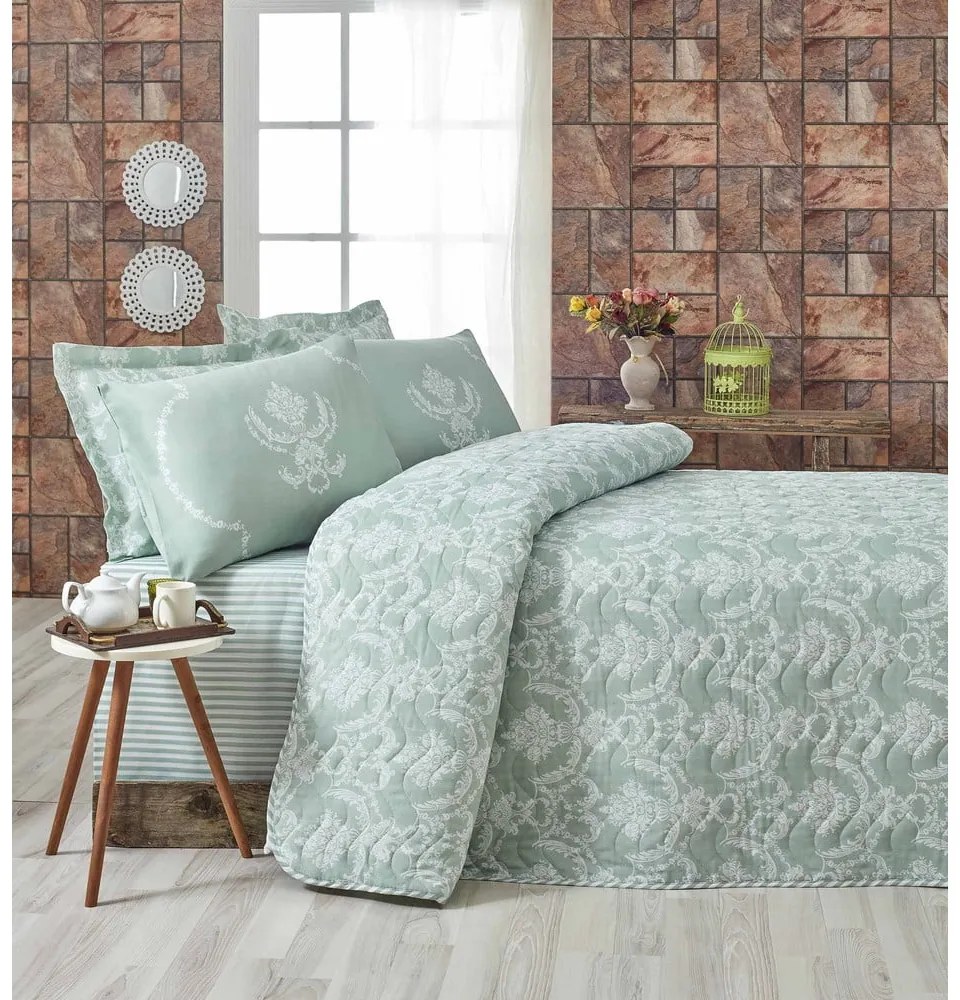 Set con copriletto e federa verde con rivestimento trapuntato 200x220 cm Pure – Mijolnir