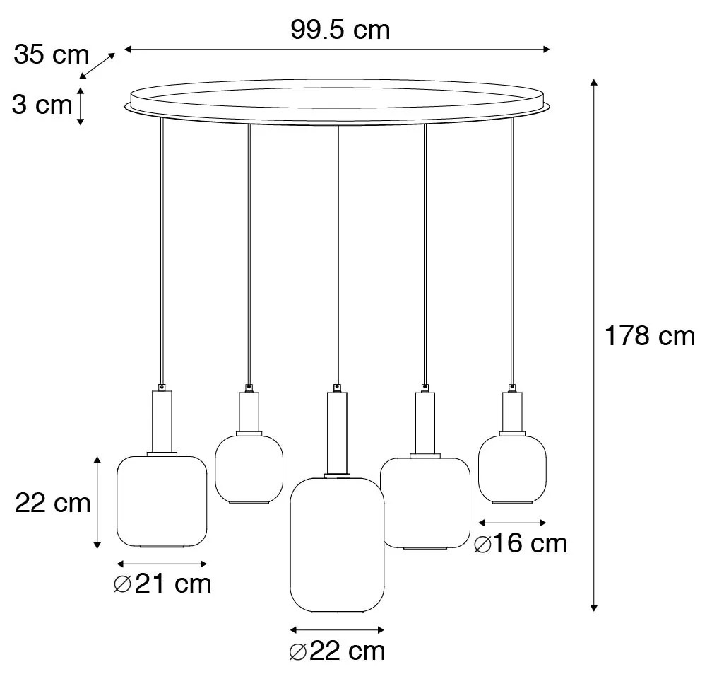 Lampada a sospensione smart nera con vetro oro e fumé ovale 5 luci incl. 5 Wifi G95 - Zuzanna