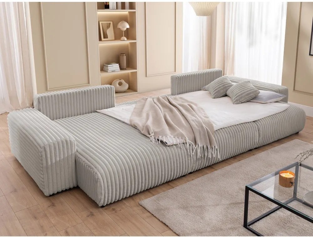 Divano angolare grigio chiaro allungabile/con contenitore (a U) rivestito in velluto a coste Sarina – Ropez