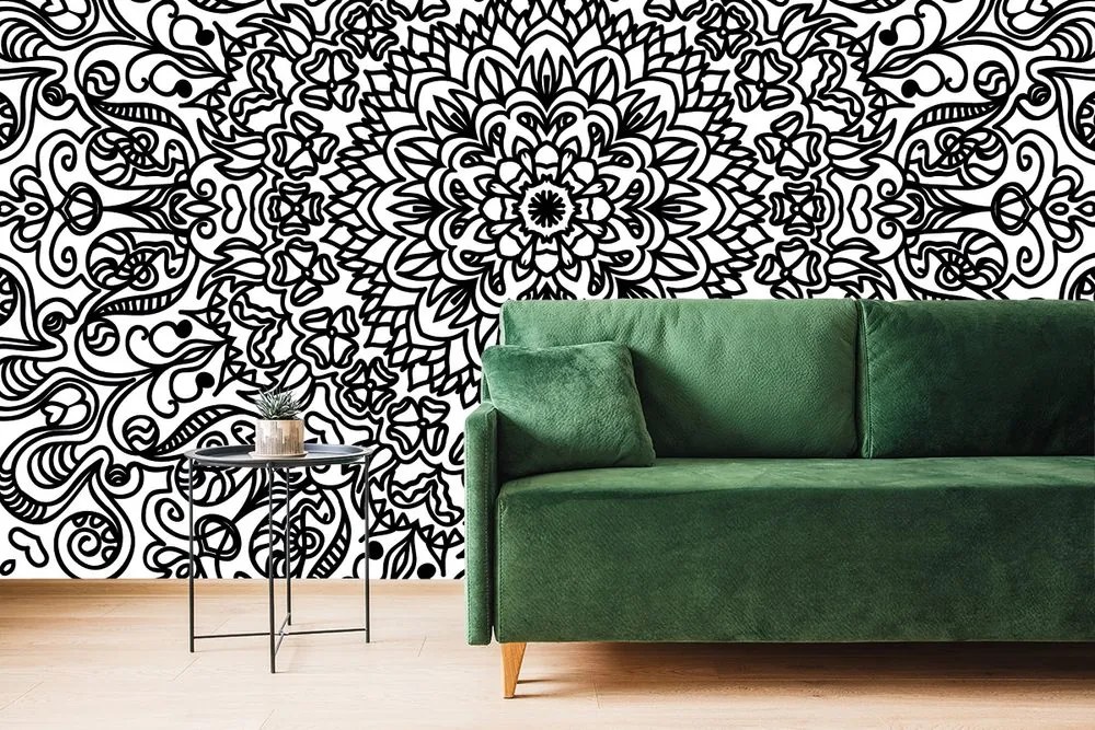 Carta da parati – Ornamento con motivo floreale in bianco e nero