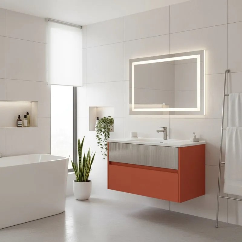 Mobile da bagno sospeso sotto lavabo Niwa 2 cassetti L 89.5 x H 50 x P 45.5 cm paprika e grigio cannettato
