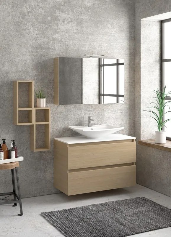 Composizione bagno sospesa 100cm: mobile, specchio contenitore e due pensili TOD-100E - KAMALU