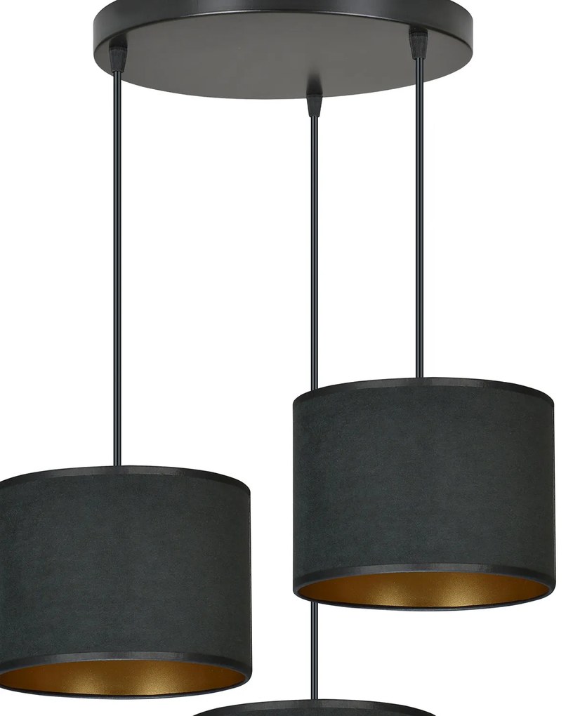 Lampadario Tondo 3 Luci Ganesha In Acciaio Nero E Paralumi In Tessuto Nero