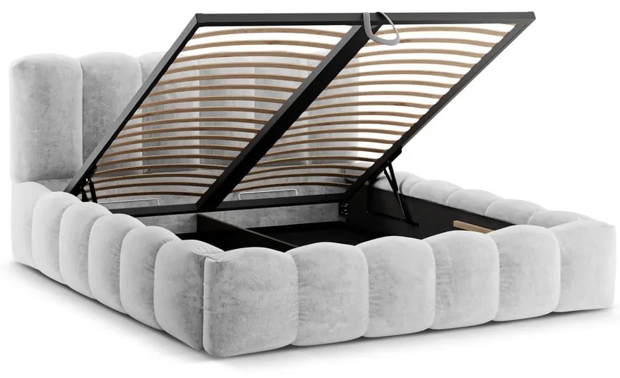 Letto matrimoniale imbottito grigio chiaro con spazio contenitivo e rete 200x200 cm Lupine - Micadoni Home