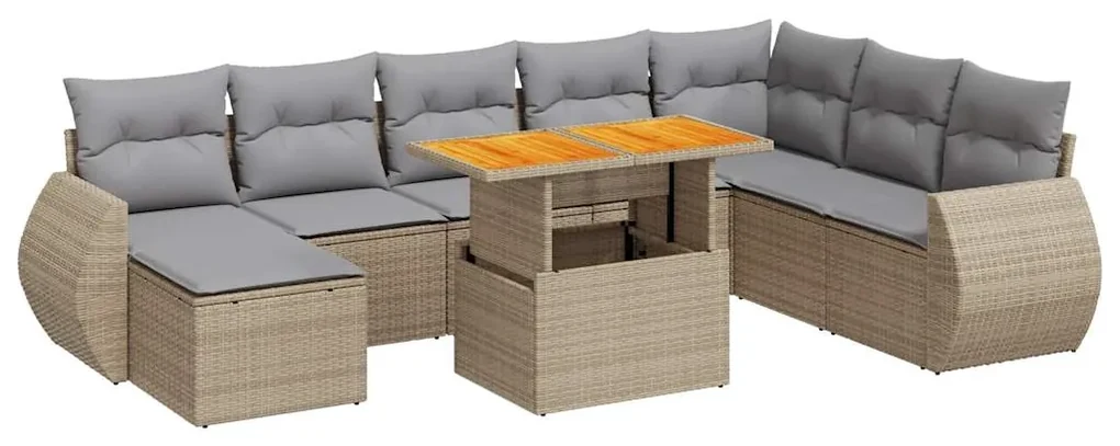 Set divano da giardino 9 pz con cuscini beige in polyrattan