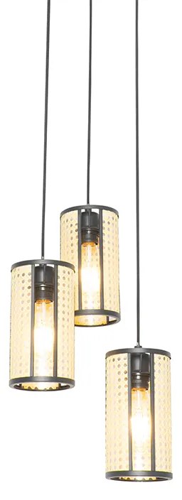 Lampada a sospensione orientale nera con rattan 3 luci rotonda - Akira