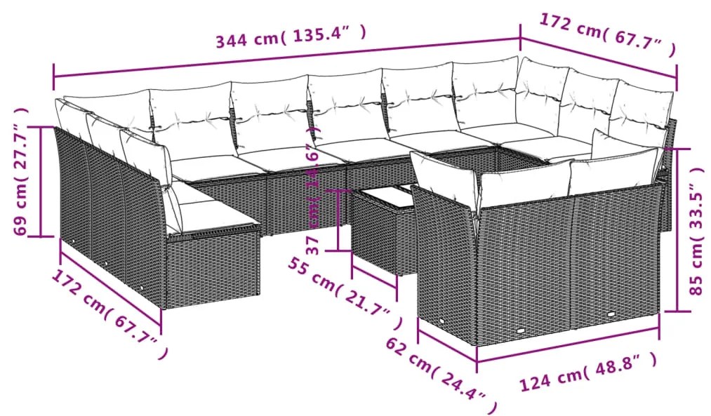 Set Divani da Giardino 13 pz con Cuscini Grigio in Polyrattan