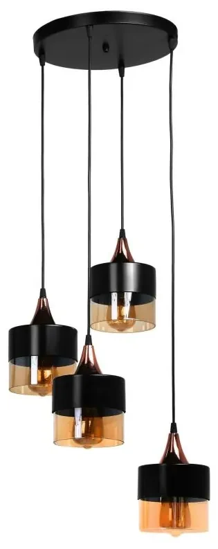 Lampadario 4 abat-jour D.30 x H.65 cm in Metallo Nero e Vetro ambrato - GARALI