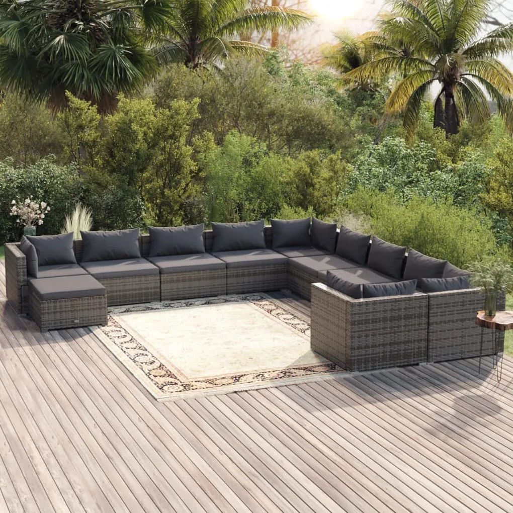 Set Divani da Giardino 11 pz con Cuscini in Polyrattan Grigio