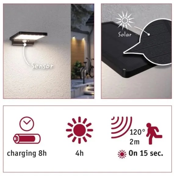 Paulmann 95393-LED/4W IP44 Luce solare dimmerabile con sensore SOLVEIG 3,7V