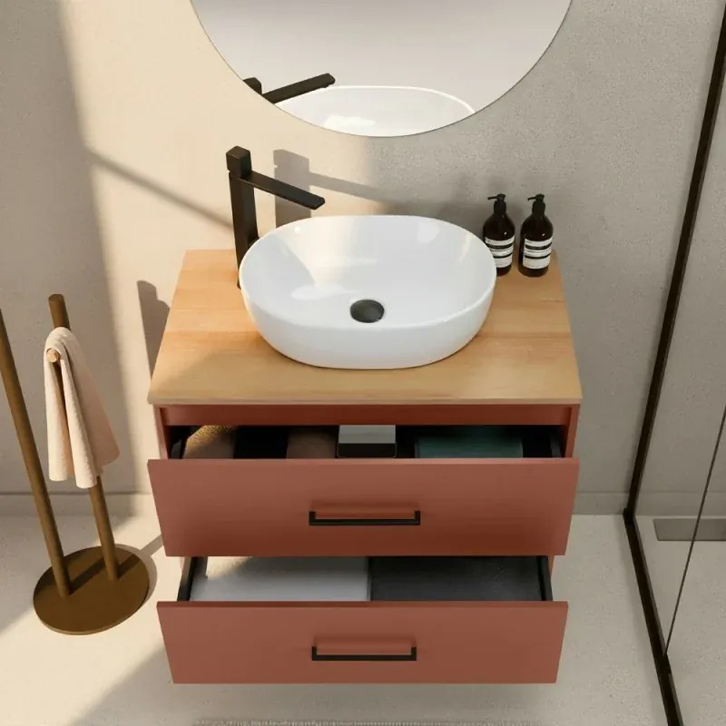 Mobile bagno sospeso 80cm terracotta con due cassetti e specchio Brik