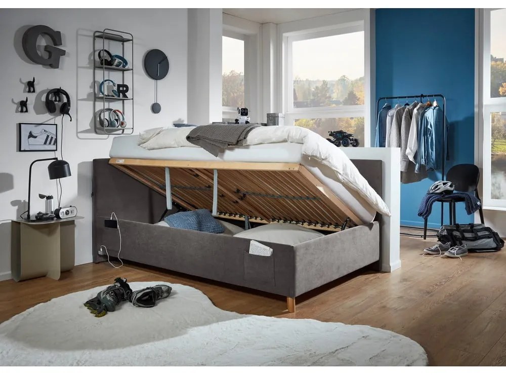 Letto da bambini con sponde color antracite imbottito con contenitore con rete inclusa 90x200 cm Cool – Meise Möbel