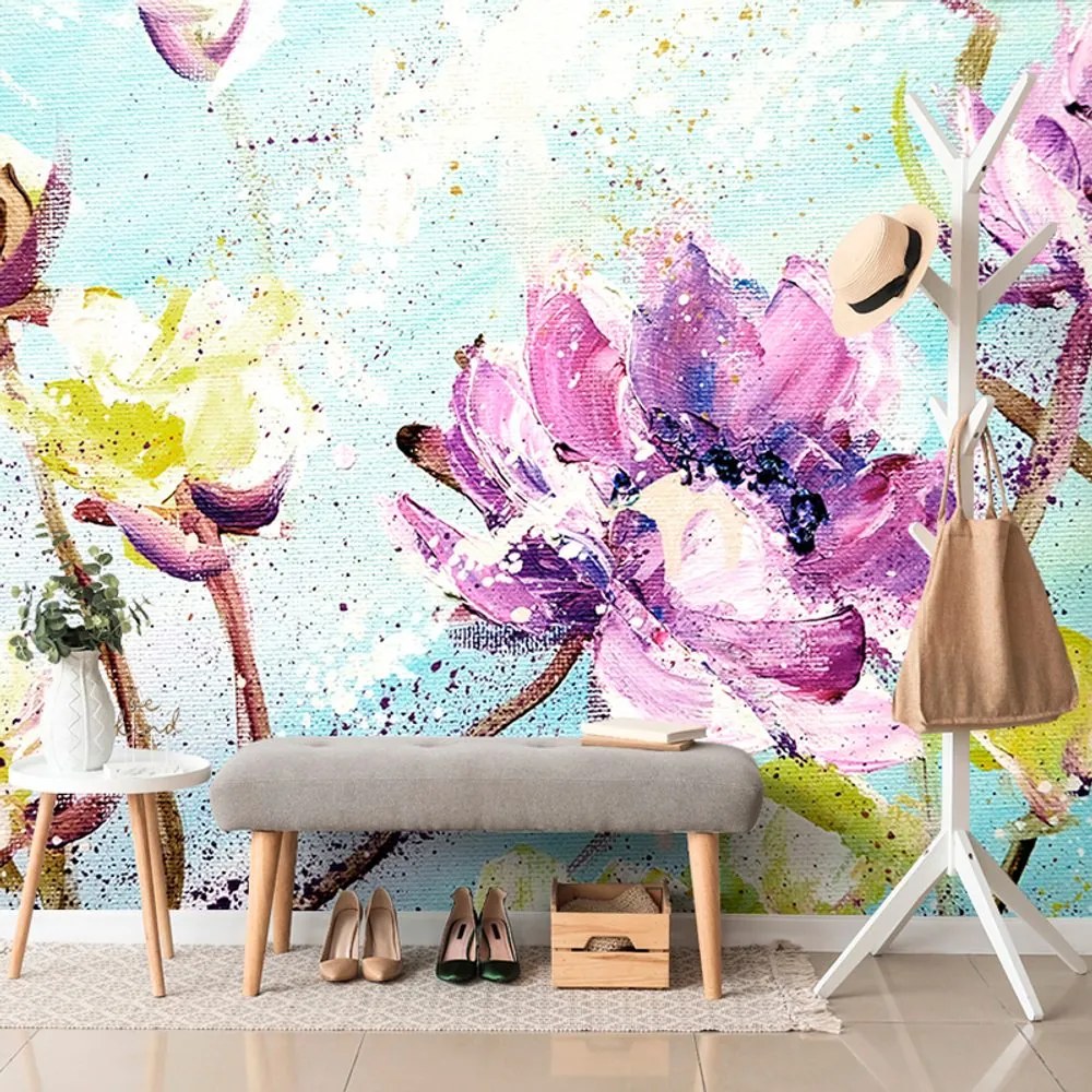 Carta da parati – Fiori viola e gialli dipinti