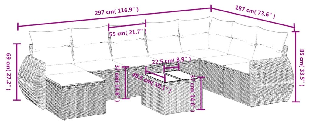 Set divano da giardino 9pz con cuscini grigio chiaro polyrattan