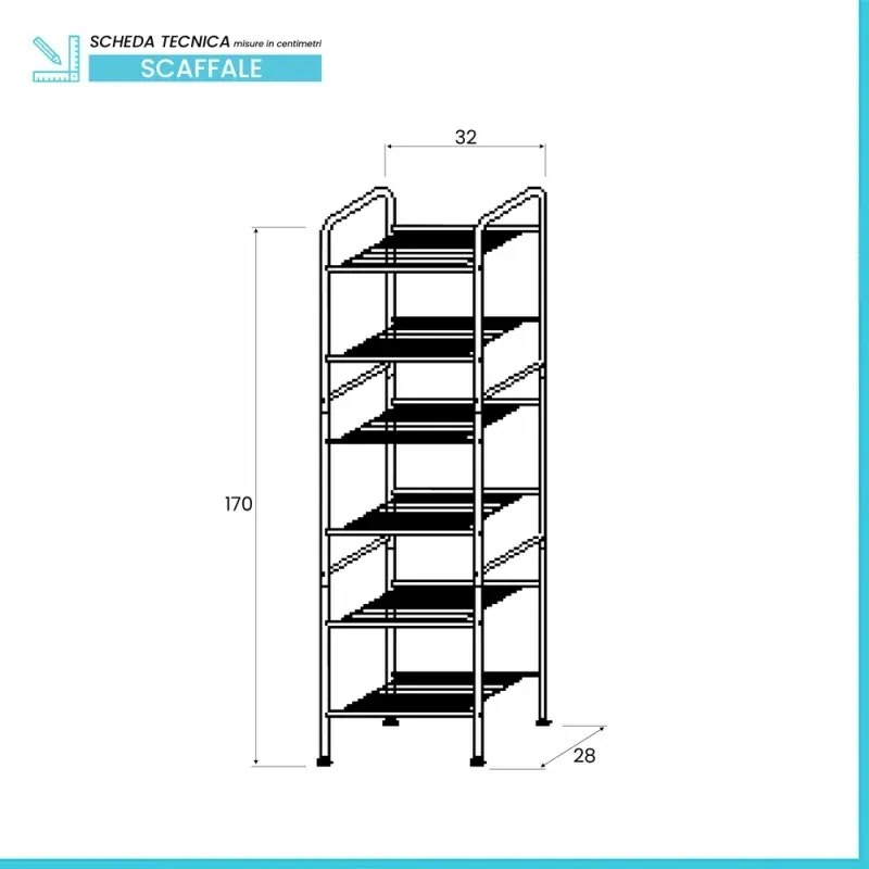 Scaffale portaoggetti a 6 ripiani H 170 cm design moderno in acciaio cromo