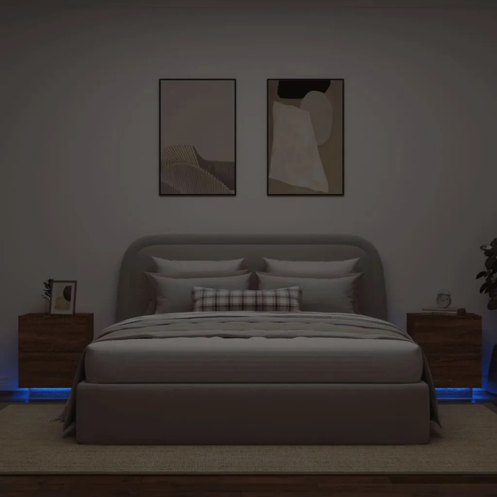 Comodini con luci led 2pz rovere marrone in legno multistrato