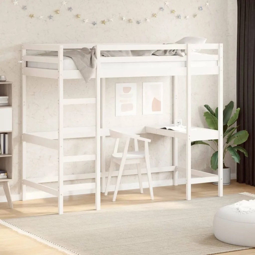 Letto soppalco con scrivania bianco 90x190 cm massello pino