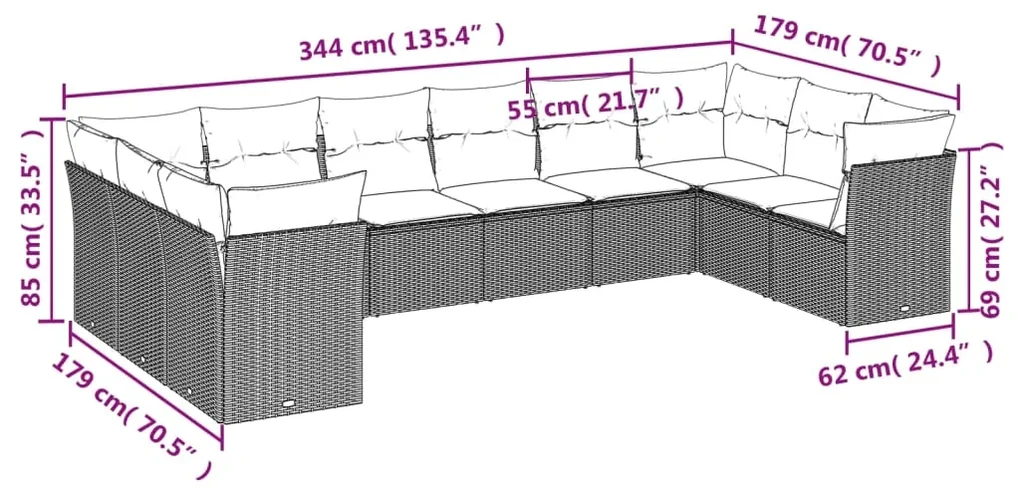 Set divano da giardino 10 pz con cuscini grigio in polyrattan