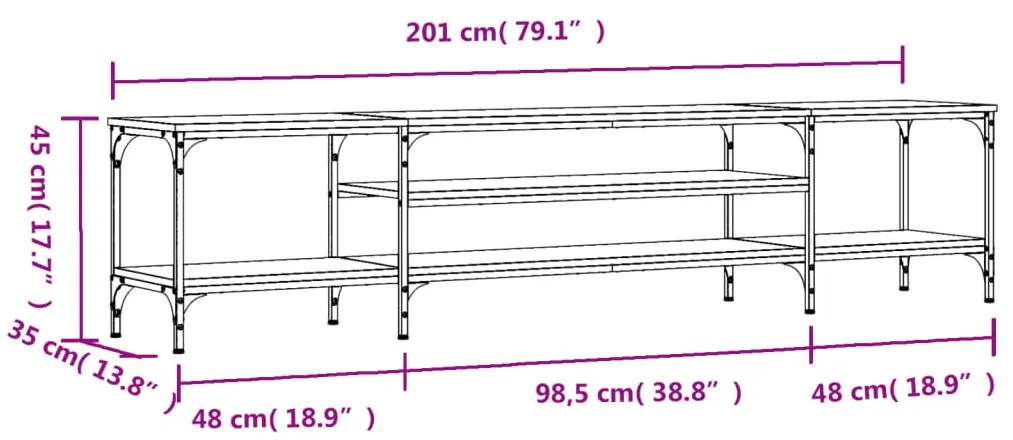 Mobile TV Rovere Sonoma 201x35x45 cm Legno Multistrato e Ferro