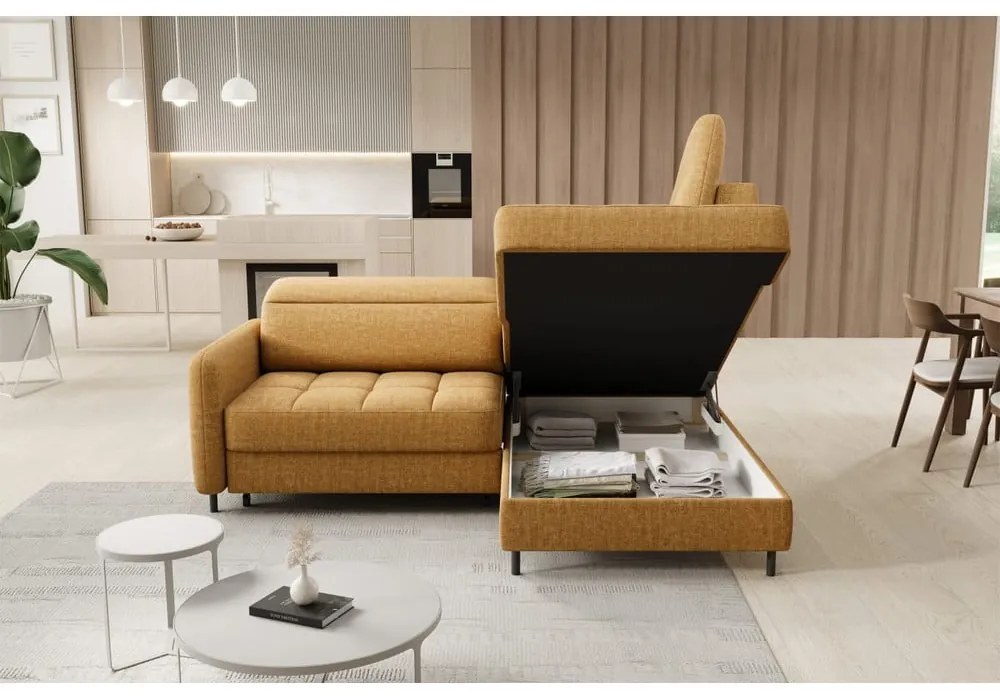 Divano angolare giallo allungabile/con contenitore (con penisola a destra/a L) e rivestimento in velluto Barea – ELTAP