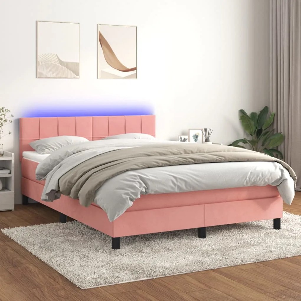 Letto A Molle Con Materasso E Led Rosa 140x190 Cm İn Velluto /