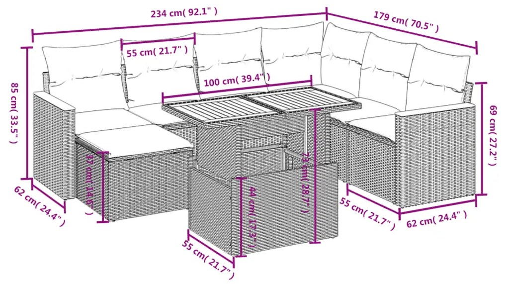 Set divani da giardino con cuscini 8 pz nero in polyrattan