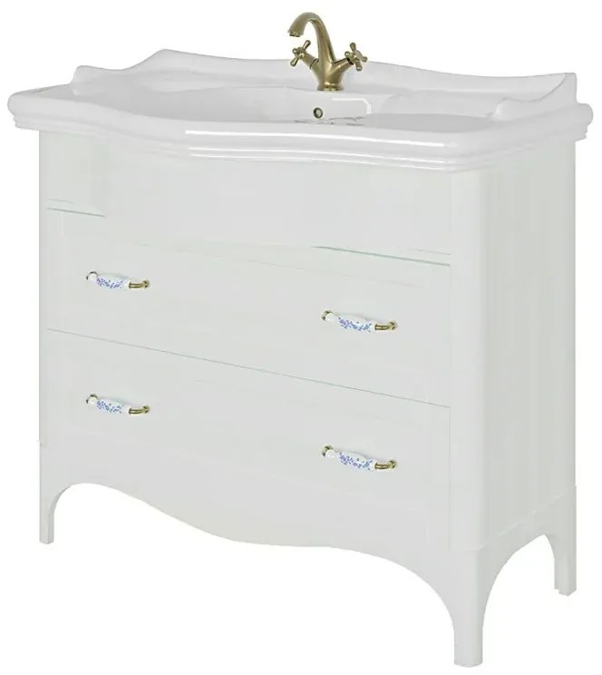 Mobile bagno a terra 115 cm bianco decape con cassetti specchio e lampade Romantica
