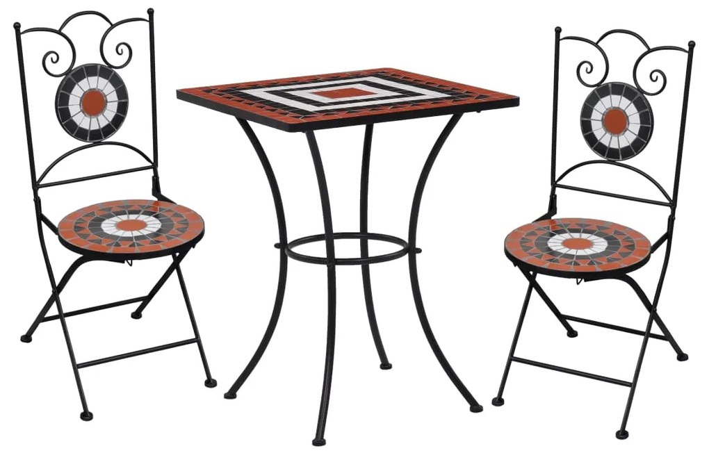 Set Bistrò 3 Pz Con Mosaico İn Ceramica Terracotta E Bianco /