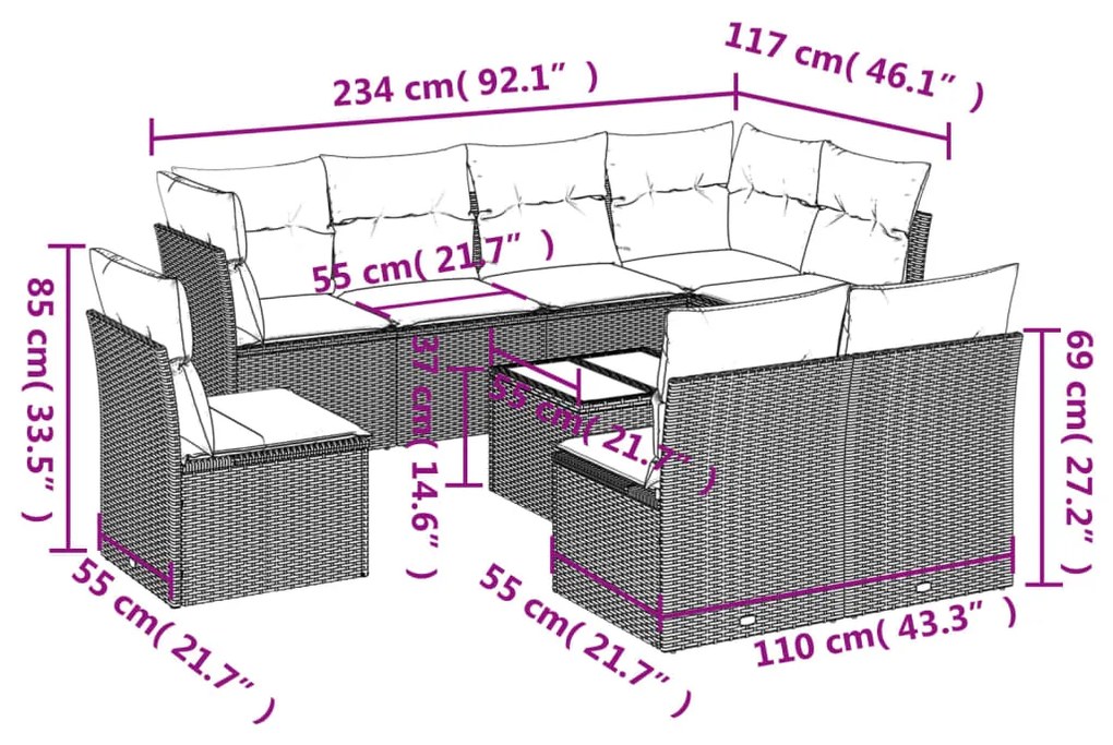 Set divani da giardino 9pz con cuscini marrone in polyrattan