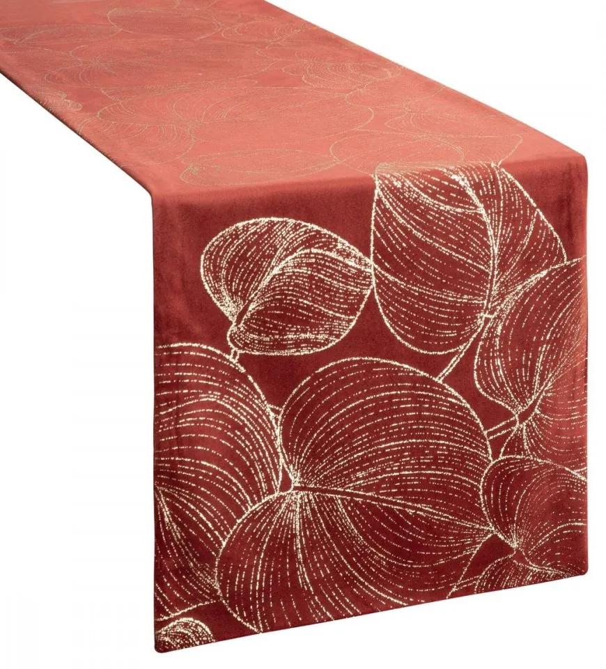 Tovaglia centrale in velluto con stampa lucida di foglie color mattone Larghezza: 35 cm | Lunghezza: 220 cm