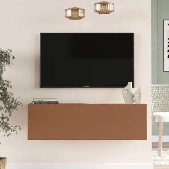 Mobile TV Sospeso 100x32x30 Rosso E Rovere Effetto Legno Con Vano Frame