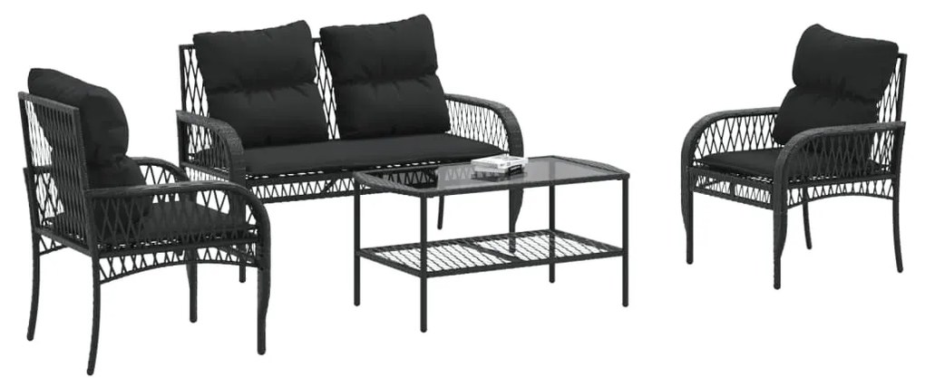 Set divani da giardino 4 pz con cuscini nero in polyrattan