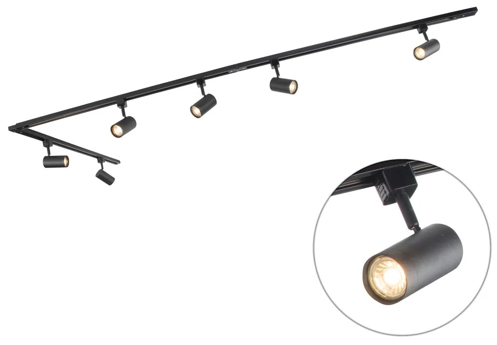 Sistema di illuminazione a binario moderno con 6 faretti nero 1 fase 286cm - Iconic Jeana