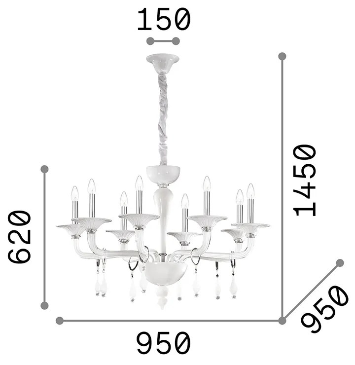 Lampadario Shabby Chic-Provenzale Miramare Vetro Bianco 8 Luci E14