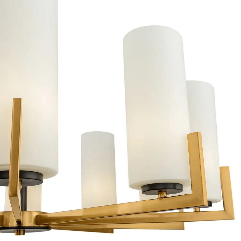 Lampadario Contermporaneo Fortano 10 Luci Metallo Ottone Diffusori Vetro Bianchi