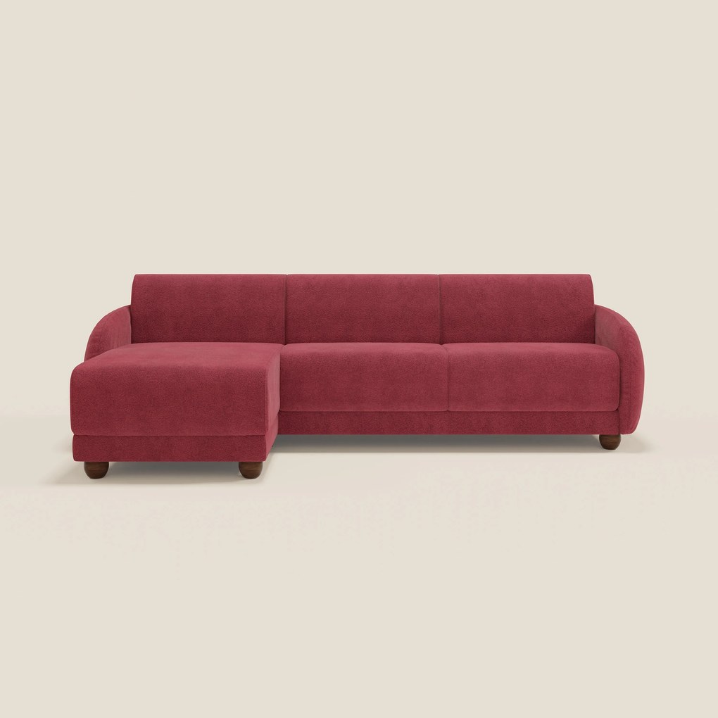 Giglio divano letto angolare con materasso alto 18 cm e penisola contenitore in morbido bouclé impermeabile T07 rosso
