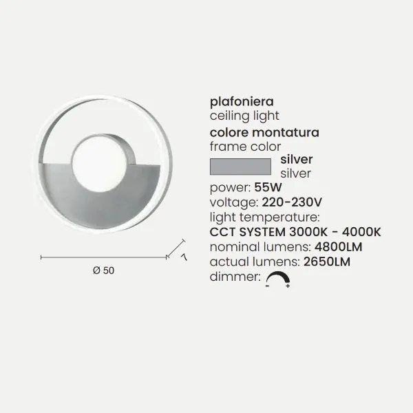 Plafoniera in metallo Argento con diffusore perimetrale D50 cm Led ELISA