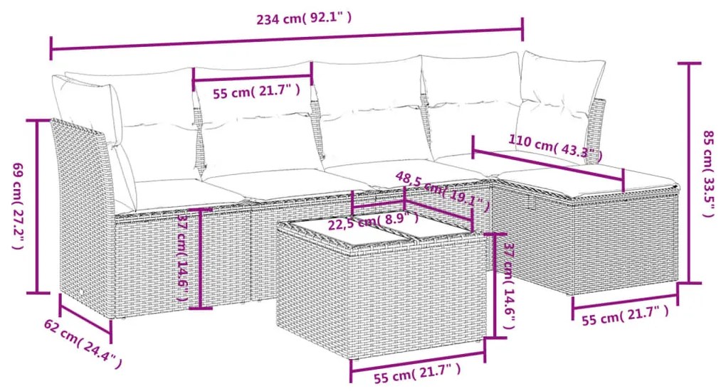 Set divano da giardino 6 pz con cuscini grigio in polyrattan