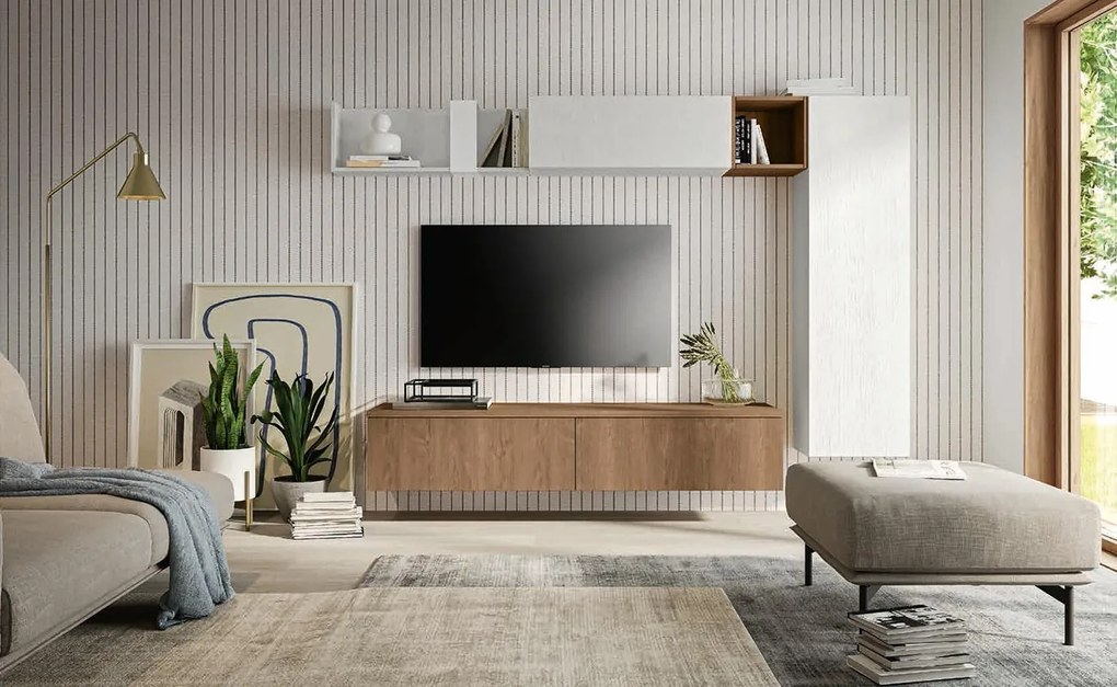 Parete moderna salotto, finitura Rovere white e Rovere cognac