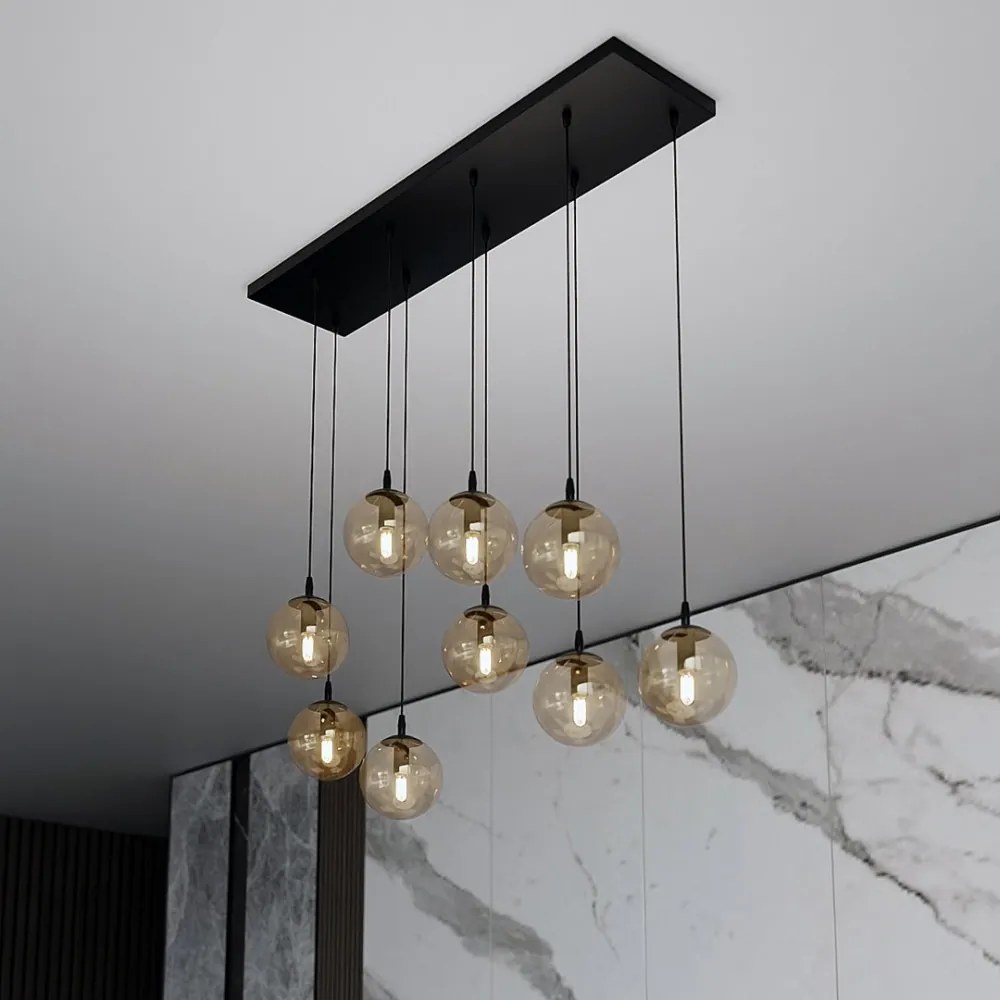 Lampadario a Sospensione in Acciaio e Vetro COSMO 9 Nero 9xE14 Colore delle Sfere Ambrate
