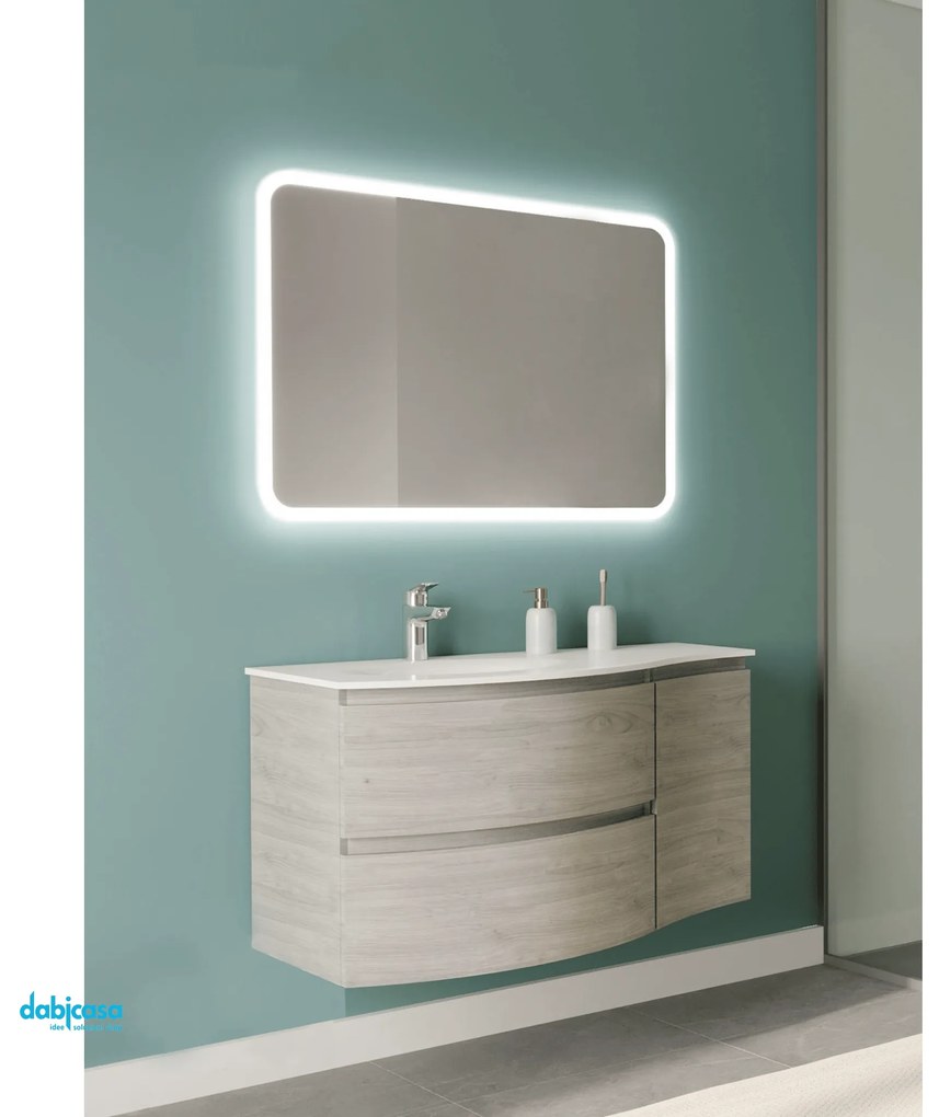 Mobile Bagno Sospeso "Armonia" Da 105 Cm Composto Da Due Cassetti Ed Un'Anta Lavabo E Specchio Finitura Legno Nordico