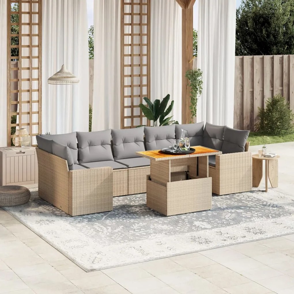 Set divano da giardino 8 pz con cuscini beige in polyrattan