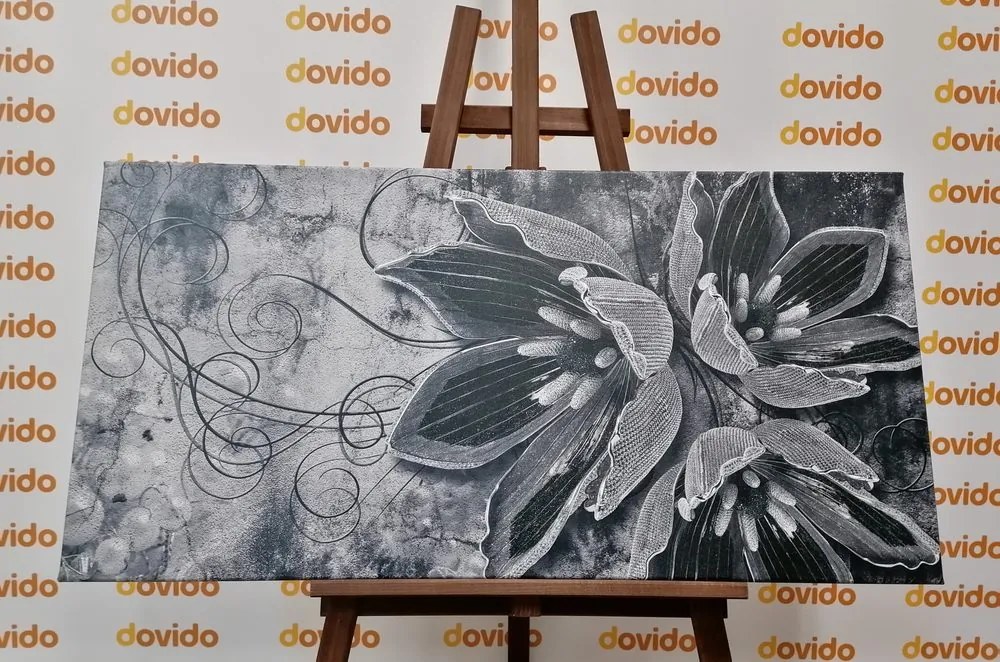 Quadro su tela – Fiori con perle in bianco e nero