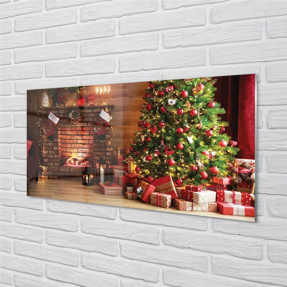 Pannello paraschizzi Camino albero di Natale regali luci 100x50 cm