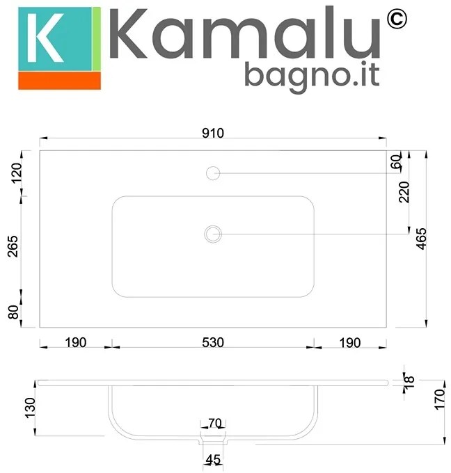 Kamalu - Lavabo da incasso 91cm in ceramica lucida | Litos-K7090