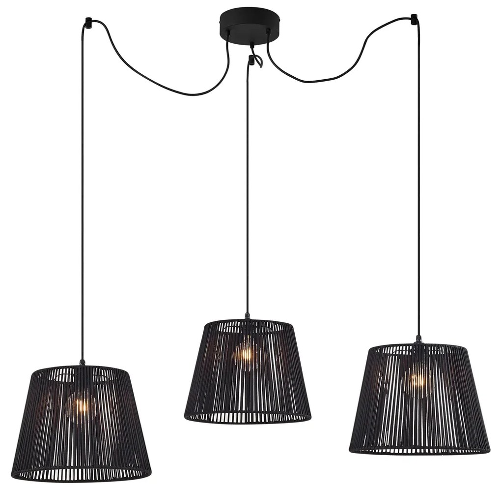 Lampada a sospensione da esterno nera con paralume in corda nera a 3 luci IP44 - Cava Jayla