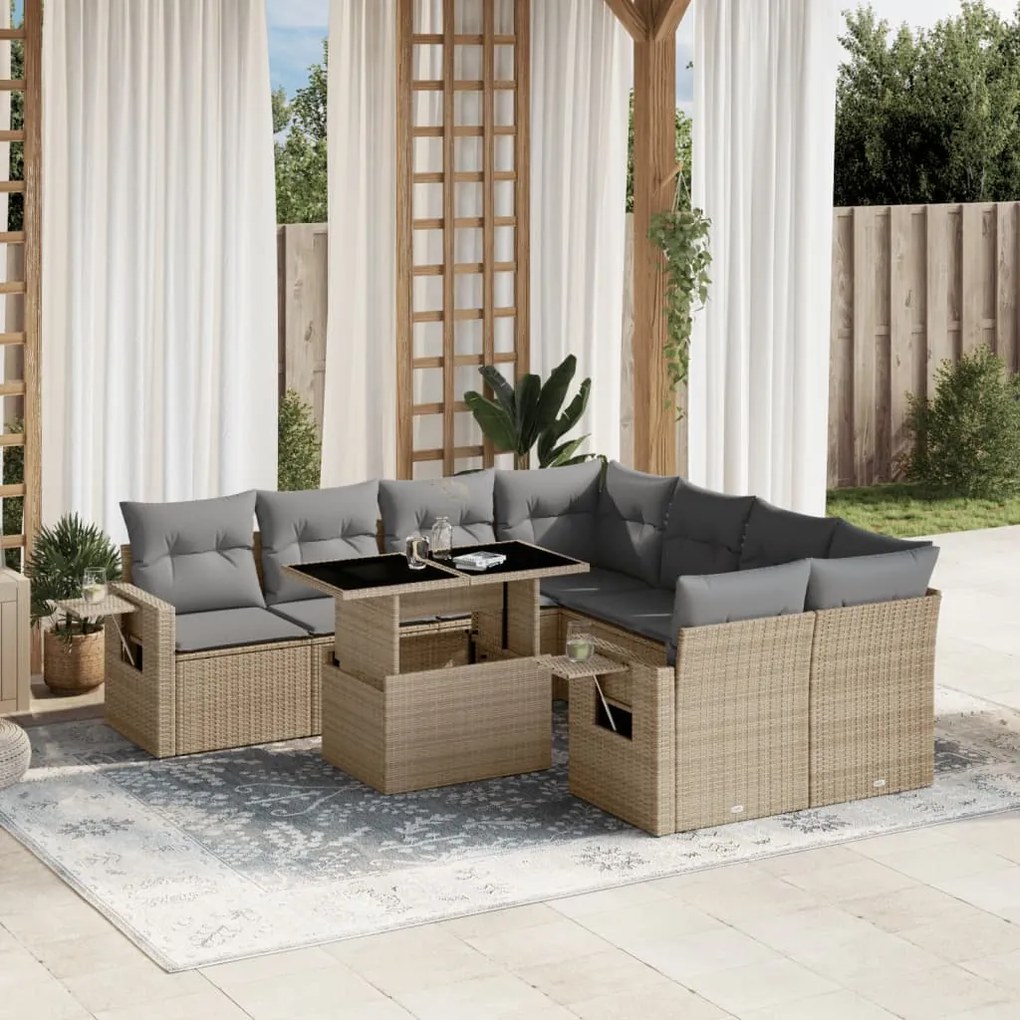 Set divano da giardino 9 pz con cuscini beige in polyrattan