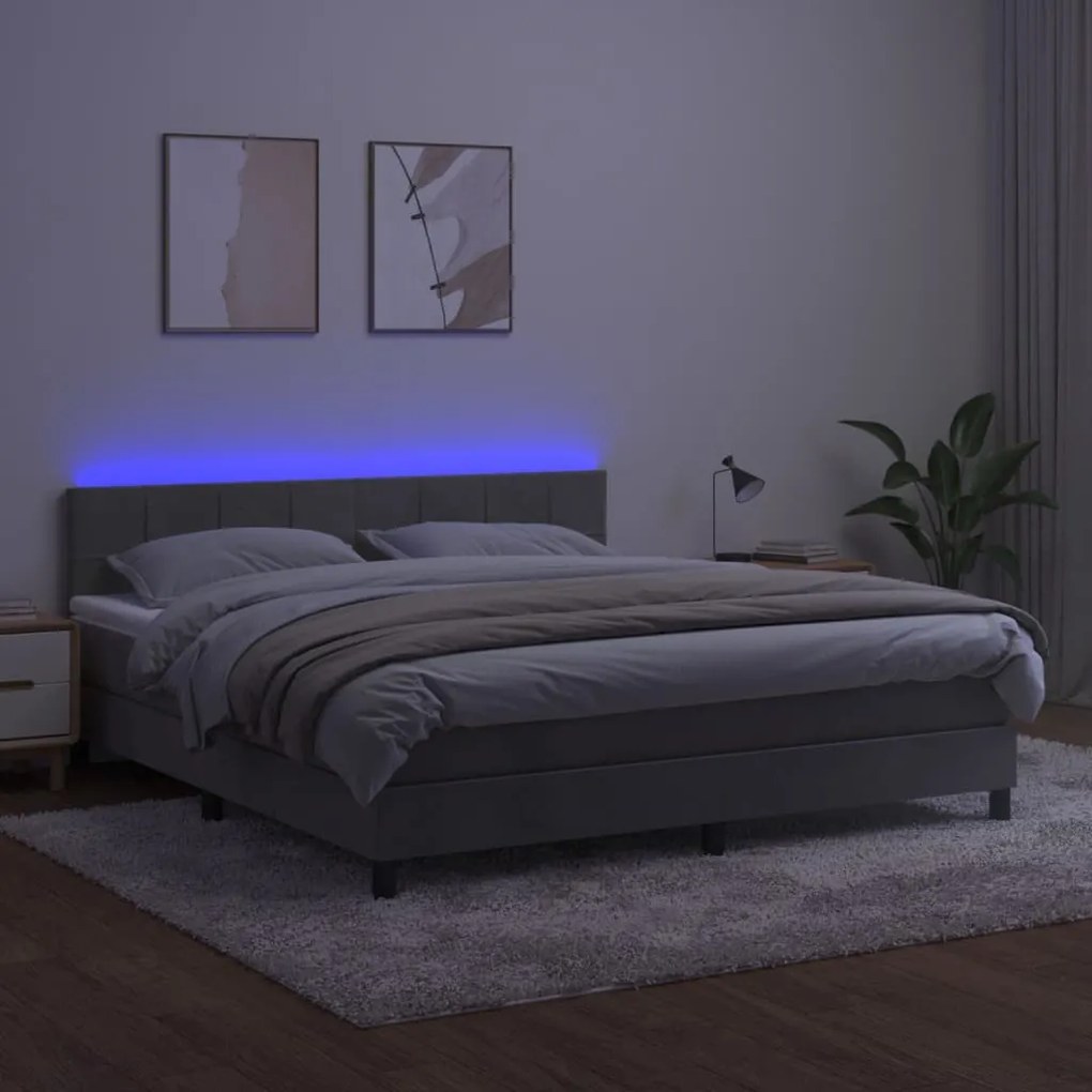 Letto a molle materasso e led grigio chiaro 160x200 cm velluto